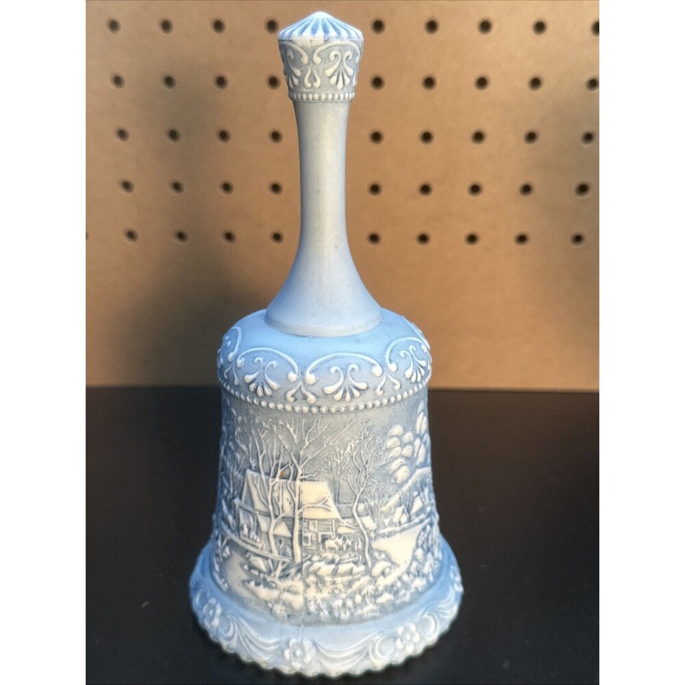 Vtg Fenton Bell Hand Painted Winter Cabin Scene Signed Violet H.